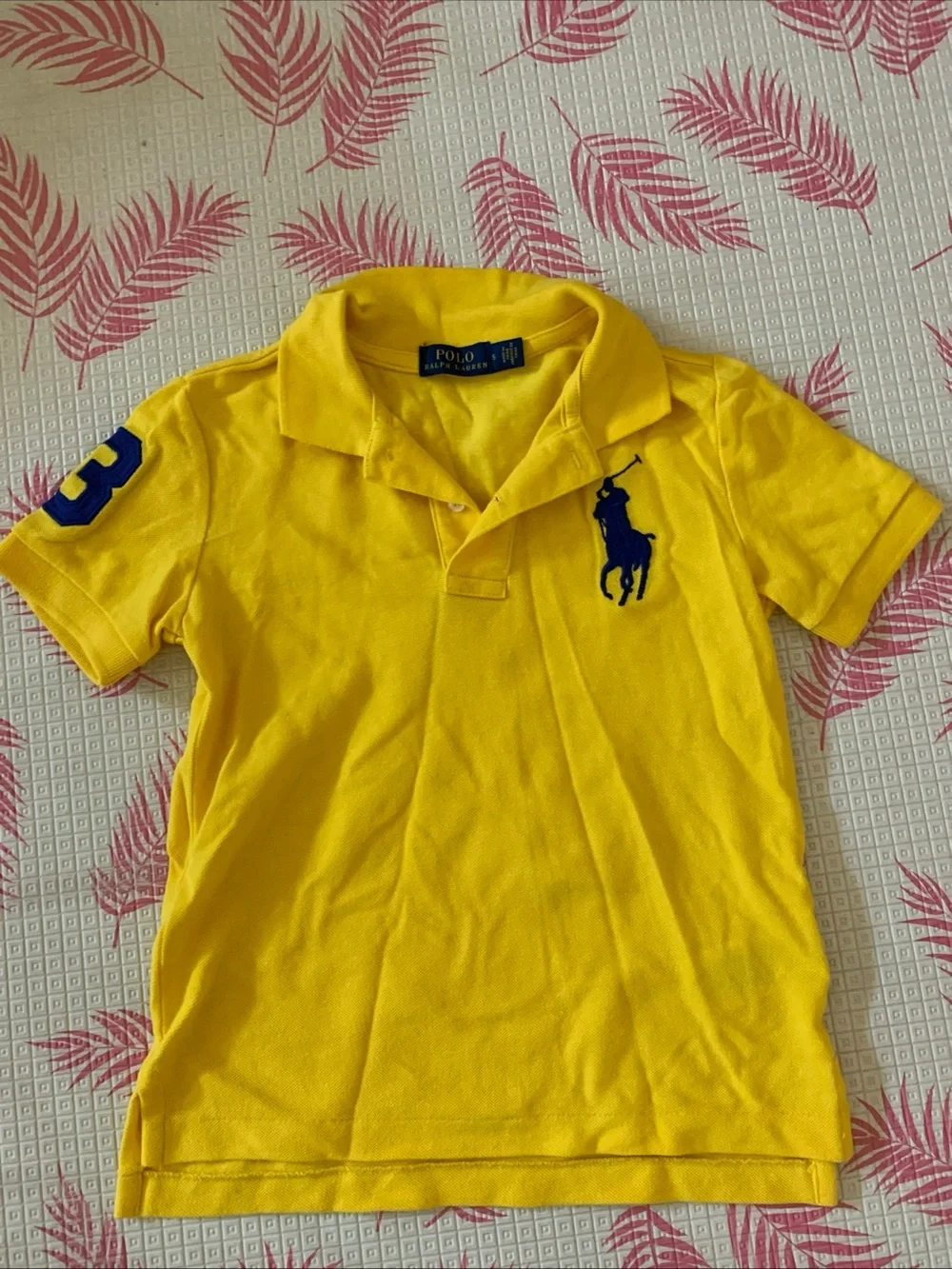 Polo Ralph Lauren Boys Yellow Big Pony Polo Shirt Sleeve 3 Blue Accent Size 5